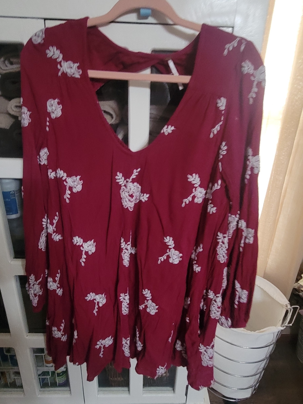 Free People Burgundy Floral Embroidered Long Sleeve Tunic Dress